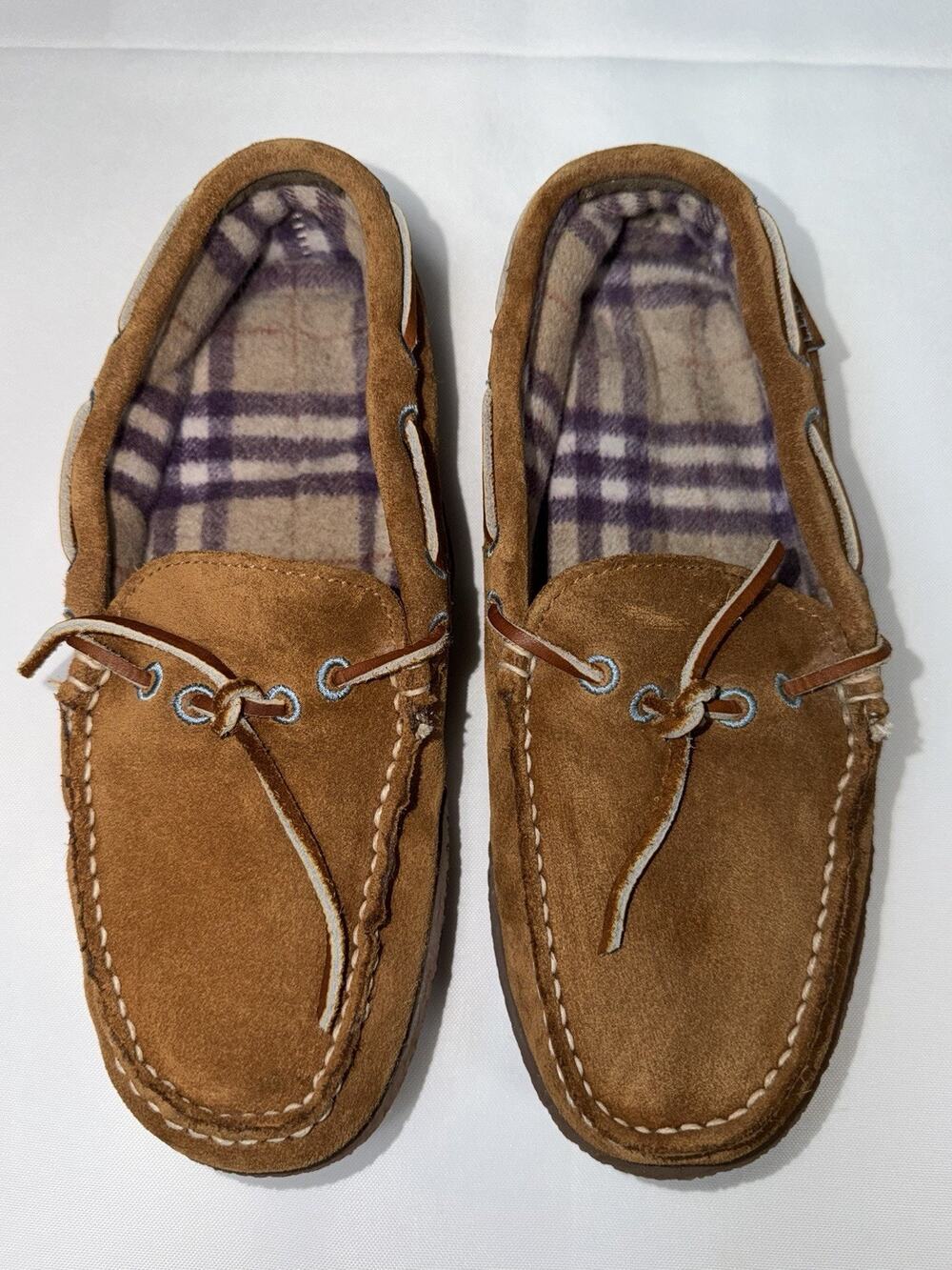 L.L. Bean Women's Camp Moccasins Size 7 Flannel Lined Suede Shoes Slippers Brown